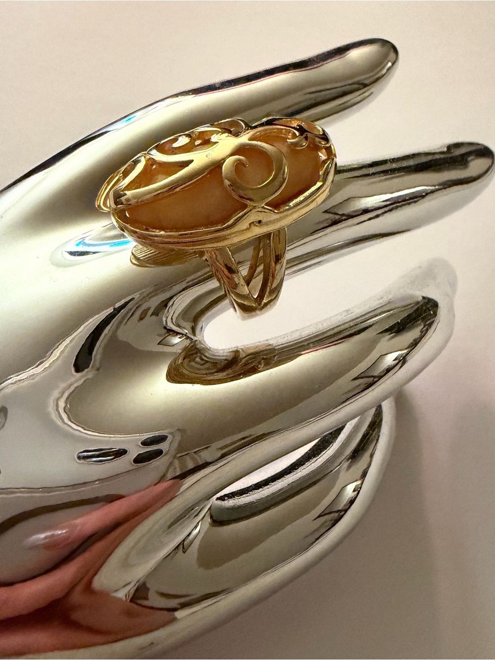 Gold Filigree Amber Cabochon Statement Ring - Women's Fashion Jewelry size 7